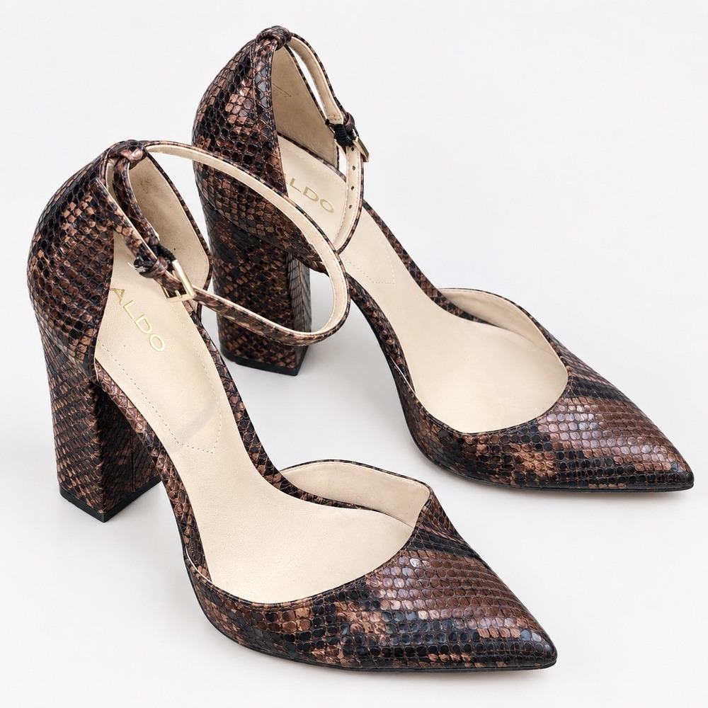 Aldo Y2K Indie Sleaze Brown Snakeskin Embossed Block Heel Ankle Strap Pumps Sz 8
